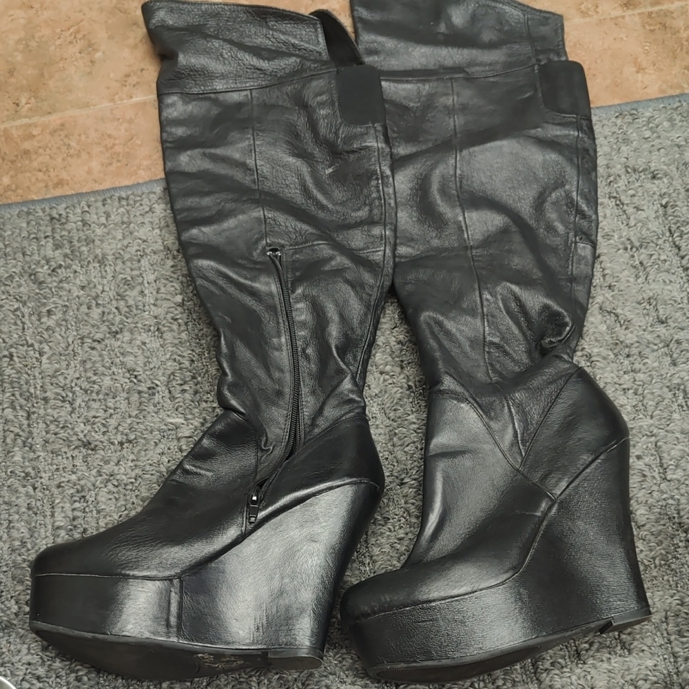 Brand New Above the Knee High Black Leather Wedge Boots